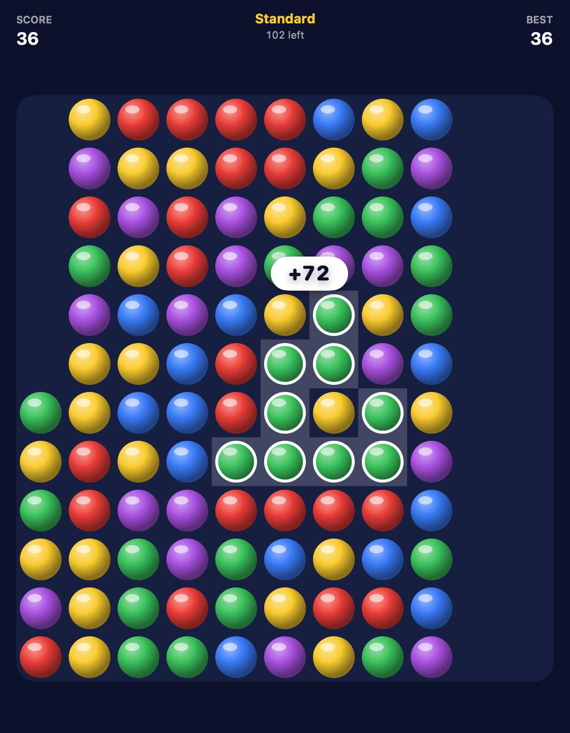The Bubble Popper board: a grid of red, blue, green, yellow and purple bubbles
                              with a group of nine greens selected and a +72 badge above it.