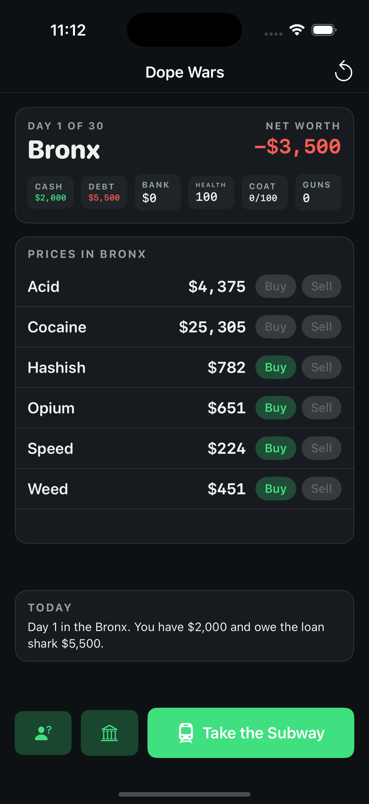 Dope Wars on iPhone: cash, debt and the day over a market board of prices, with Buy and Sell beside each row.