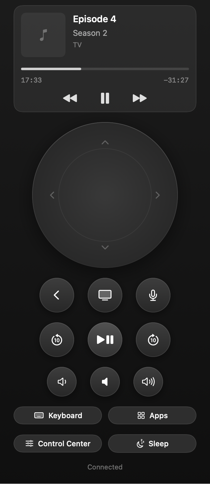 The TV Remote window: a Now Playing card with artwork and a progress bar,
                              a circular touchpad, transport and volume buttons, and shortcuts to the
                              keyboard, apps, Control Center and sleep.